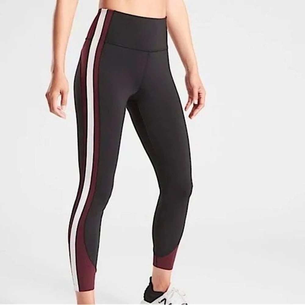 Athleta Crunch 7/8 Leggings Women XXS Black Burgundy Colorblock Stripe Workout - Picture 1 of 10